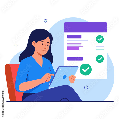 Woman sits indoors using a tablet next to a large checklist on screen