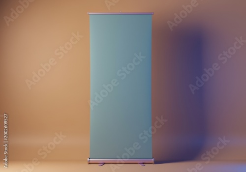 Vertical roll-up banner mockup standing in a studio for corporate branding, marketing presentations and office exhibition design with copy space and ambient lighting