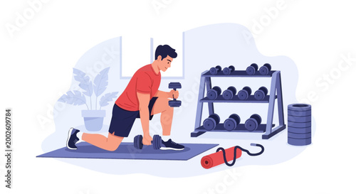 Flat vector illustration of a man in a red shirt and shorts performing weighted lunges with dumbbells on a yoga mat in a home gym with a weight rack and fitness equipment.