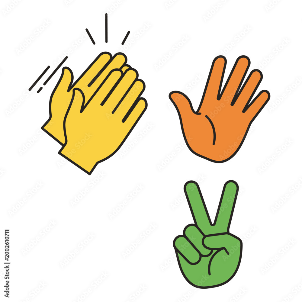 Obraz premium Clapping Hands, Open Palm, and Peace Sign Icons: Applause, Greeting, Victory