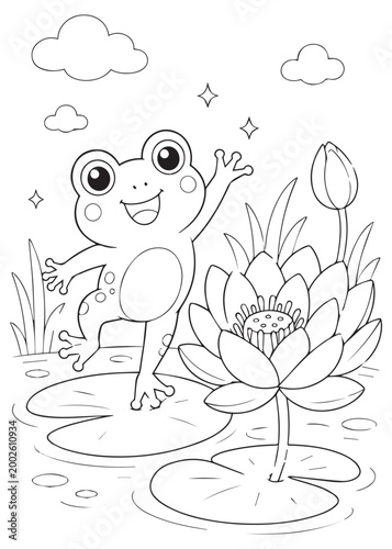 coloring book frog posing on a lily pad with a flower