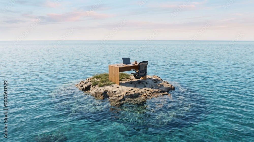 Naklejka premium A remote worker's office on their own tiny uninhabited island