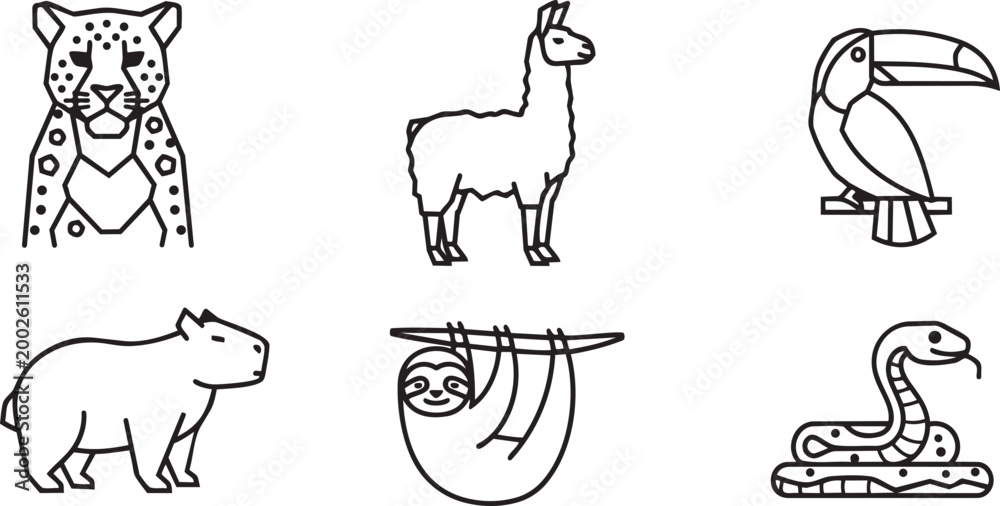 Fototapeta premium South American wildlife icon set black outline minimal vector illustration isolated