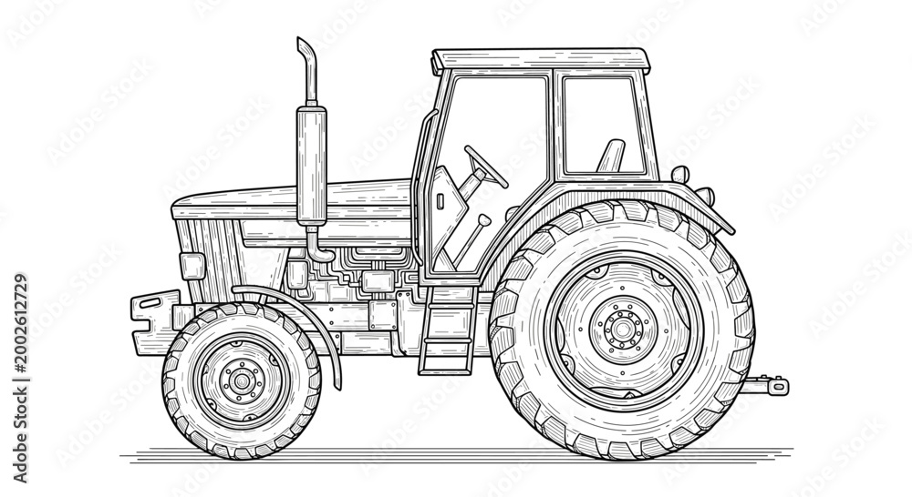 Obraz premium Highly detailed black and white line drawing of a modern agricultural tractor shown from the side for farming and heavy machinery concepts.