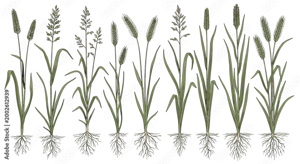Fototapeta premium Collection of various cereal grass species including wheat oats and rye with their roots systems shown for botanical or agricultural study.