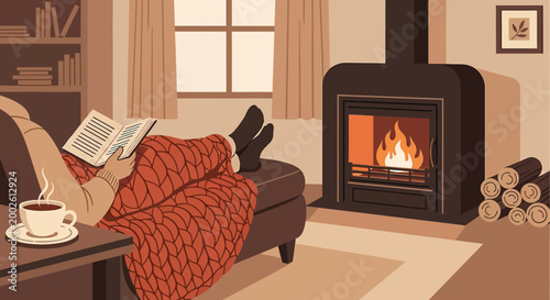 Cozy home scene of a person reading a book by a warm fireplace on a comfortable sofa, enjoying a hot drink