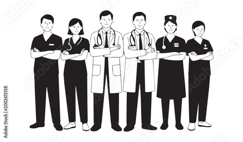 A group of smiling medical professionals, including doctors and nurses, standing confidently with crossed arms