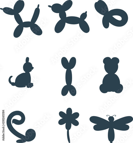 Balloon animal silhouettes set, dog flower butterfly shapes playful vector