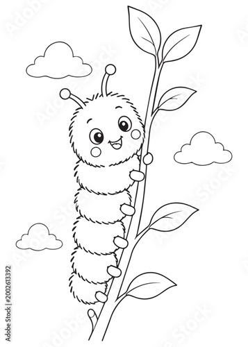 coloring book curious caterpillar climbing a tall plant stem