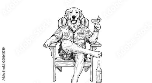 Humorous illustration of a golden retriever dog wearing a tropical shirt and relaxing in a lounge chair with a cocktail and bottle.