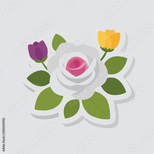 Stylized White Rose with Buds and Leaves