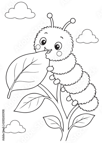 coloring book tiny caterpillar nibbling a leaf on the branch