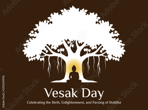Vesak Day Illustration of Buddha Silhouetted Under a Bodhi Tree for Birth, Enlightenment, and Passing Celebration, Buddhist Festival Poster Design