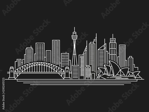 Sydney Australia Skyline Line Art - Minimalist City Illustration with Opera House and Harbour Bridge on Black Background