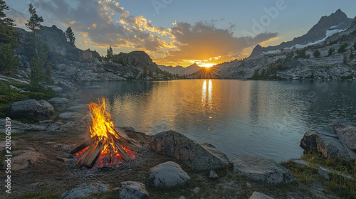 Vibrant campfire burns brightly beside tranquil mountain lake at sunset, surrounded by rocky terrain and pine trees, creating peaceful and adventurous outdoor scene