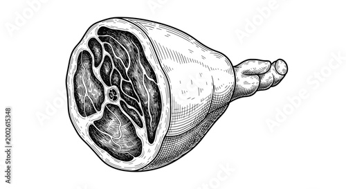 Smoked ham or gammon piece vintage style hand drawn engraving illustration for butcher shop and meat labels on white background.