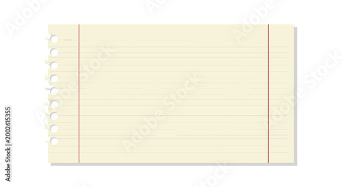 Lined notebook paper sheet with red margins and binder holes for school and education background design for stationery products.