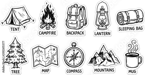 Hand drawn doodle camping sticker pack outdoor adventure icons tent campfire backpack compass mountain black line vector set illustration