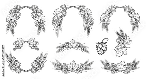 Beer brewery ingredient frames with hops and wheat vintage style hand drawn engraving illustration set for pub and bar labels.