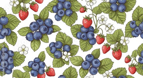 Fresh forest berries seamless pattern with blueberries strawberries and flowers for food and textile design for summer products.