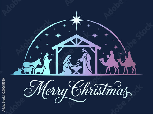 Cuadro en lienzo Merry Christmas Nativity Scene Silhouette with Holy Family, Wise Men, and Shephe