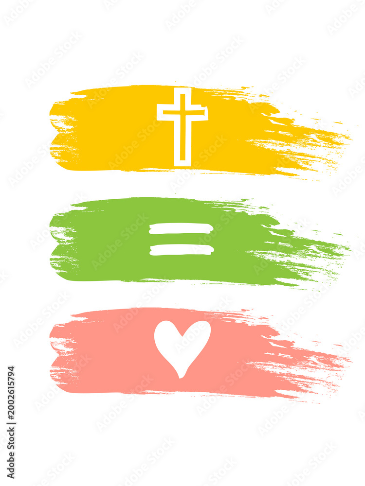Obraz premium Jesus = love christian print design with colorful paint strokes. Сross equals love - creative christian concept for youth clothing. Vector illustration