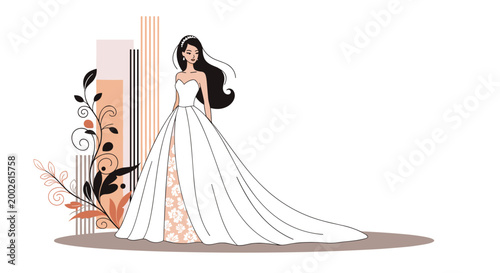 Beautiful bride in elegant white wedding dress with flowers and long hair for bridal salon design and wedding invitations.