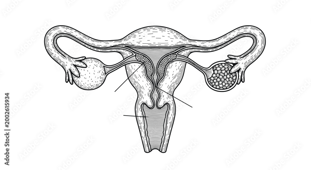 Fototapeta premium Female reproductive system anatomy with uterus ovaries and fallopian tubes vintage engraving illustration for medical education.