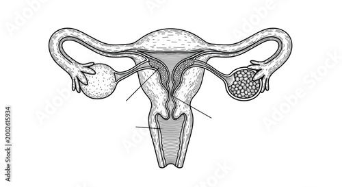 Female reproductive system anatomy with uterus ovaries and fallopian tubes vintage engraving illustration for medical education.