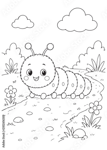 coloring book friendly caterpillar traveling along a garden path