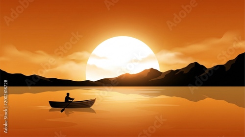 Silhouette of a lone person rowing a boat on a calm lake at sunset.
