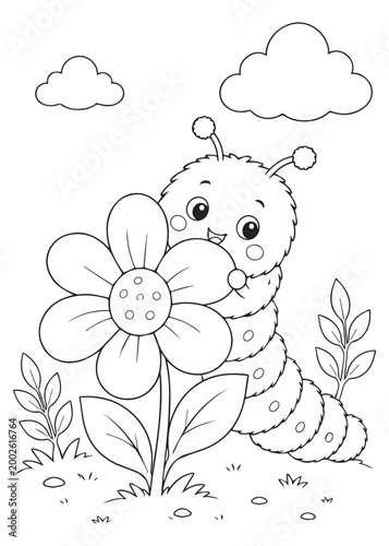coloring book smiling caterpillar peeking from behind a flower