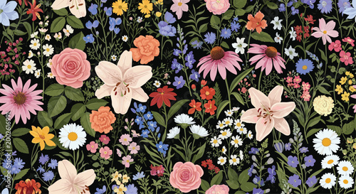 Vibrant and dense seamless pattern of colorful wildflowers and garden blooms covering a black background.