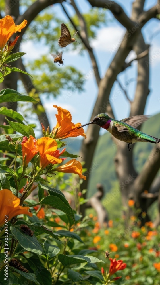 Fototapeta premium Vibrant hummingbird feeds on orange flowers.