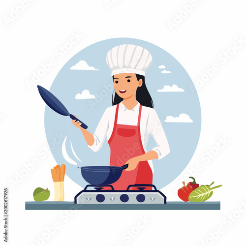 Woman Chef Cooking with Frying Pan on Stove