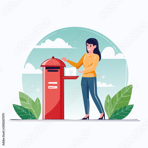 Woman mailing letters at a red postbox