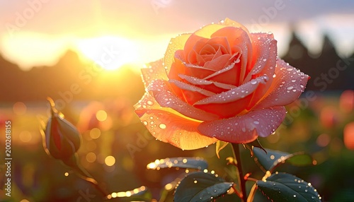 Close up of a blooming rose with water droplets and a blurred sunset background