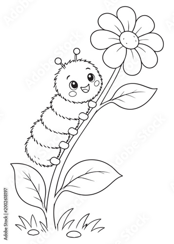 coloring book bright caterpillar climbing toward a blooming flower