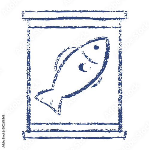 canned fish crayon wax doodle style, rough textured hand drawn, sardine tin seafood blue container preserved food anchovy mackerel aquatic animal kitchen art draw