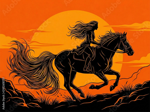 Silhouette of Woman Riding Horse at Sunset