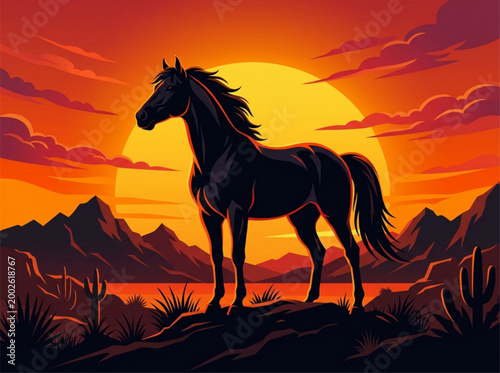 Majestic Black Stallion Standing at Sunset in a Desert Mountain Landscape