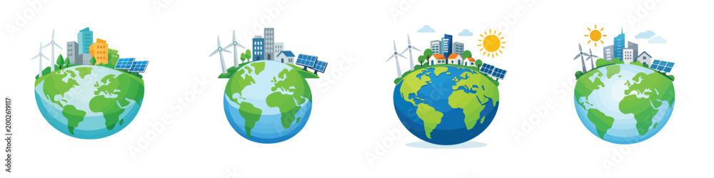Naklejka premium Global Energy Concept with the symbol of the earth or globe in it. Vektor, illustration, minimalist, icon, set icon