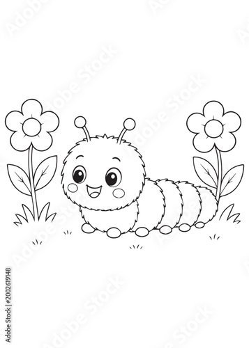 coloring book cheerful caterpillar playing in a flower meadow