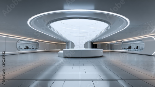 3d rendering of empty space inside futuristic showroom, spaceship, hall or studio in perspective. Include ceiling, hidden light, tile floor and counter. Modern background design of future, technology.