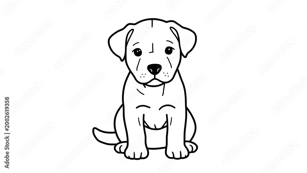 Fototapeta premium Adorable puppy sitting patiently a charming black and white line art illustration.