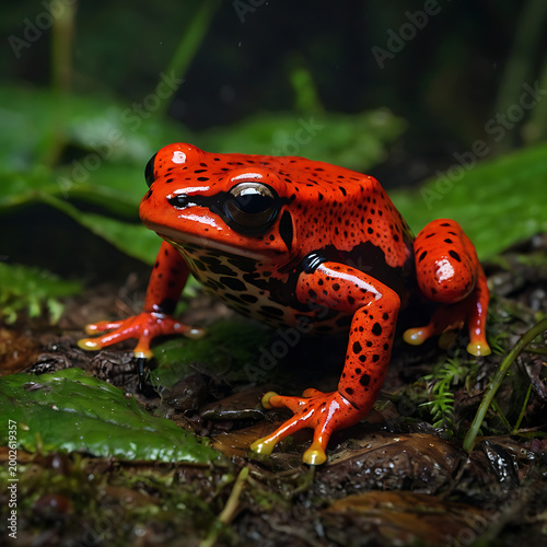 Strawberry poison frog with red and black markings on green foliage