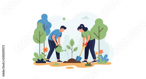 Couple planting a tree together in a garden symbolizing environmental care and teamwork flat vector illustration for nature conservation