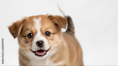 Cute golden retriever puppy sitting in a studio portrait looking happy and adorable