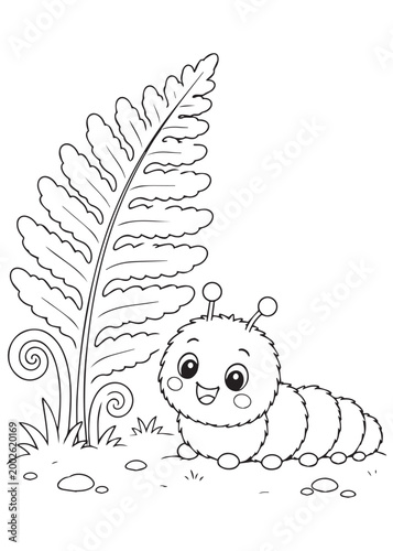 coloring book curious caterpillar beside a tall fern leaf