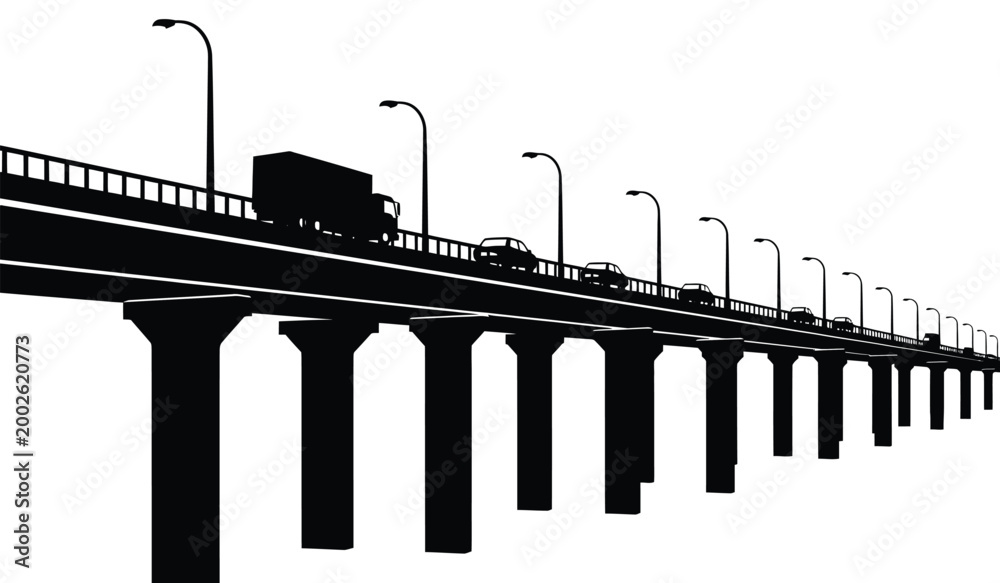 Fototapeta premium Silhouette of a highway bridge with traffic including a semi truck and cars against a white background high quality professional detailed modern elegant stylish